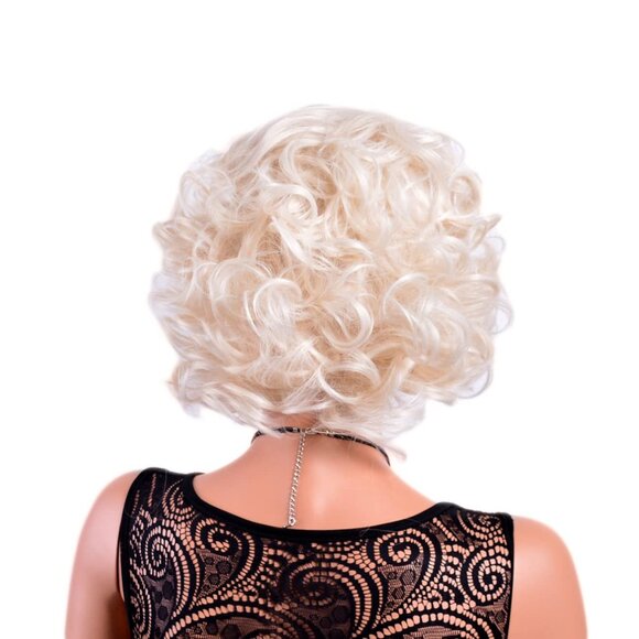 Short Blonde Curly Wig for Women - 80s Flip Style, Platinum Blonde, Synthetic - Picture 4 of 11